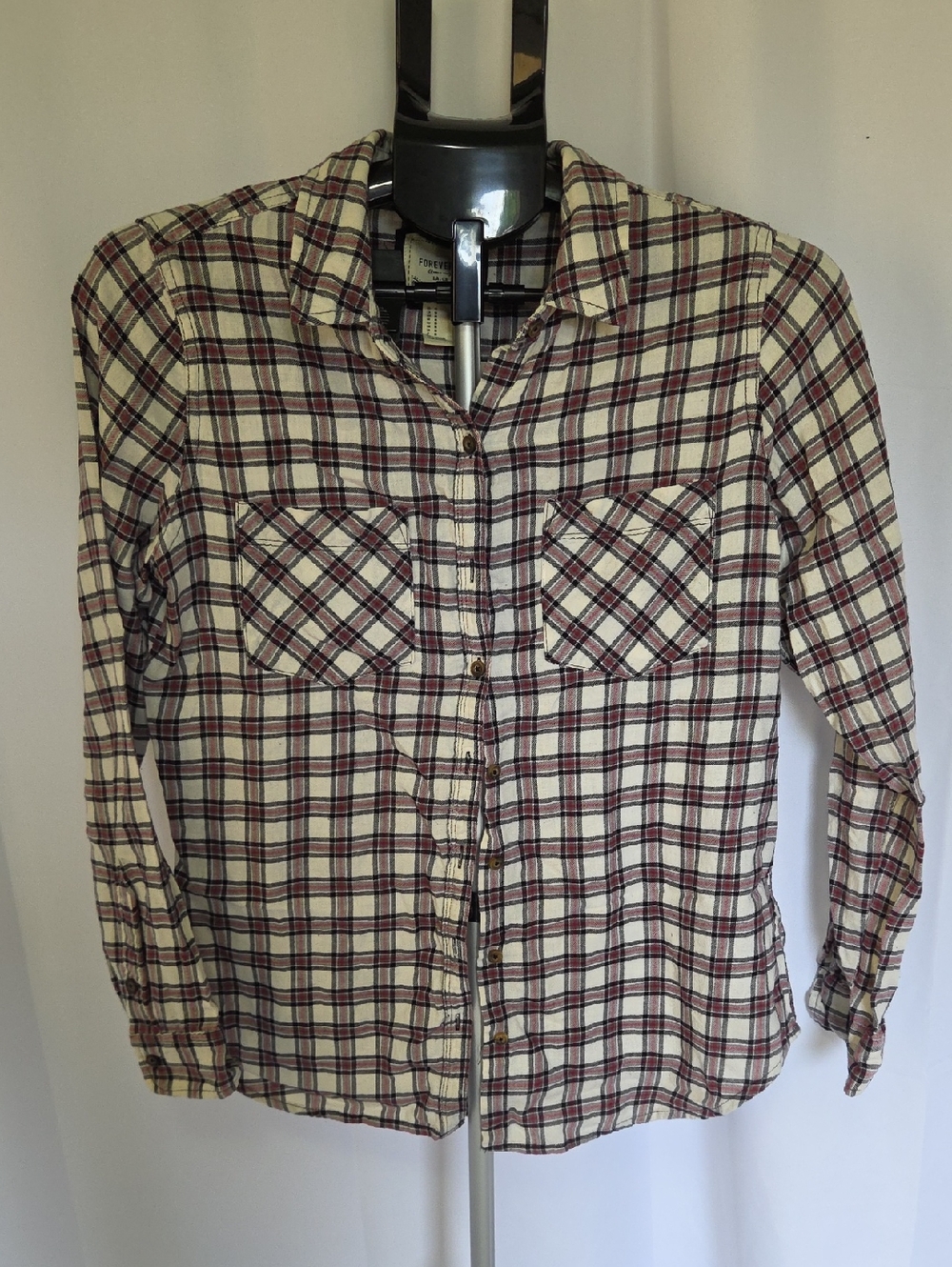 Forever 21 Cream Plaid Button-Down Shirt with Burgundy and Black Checks